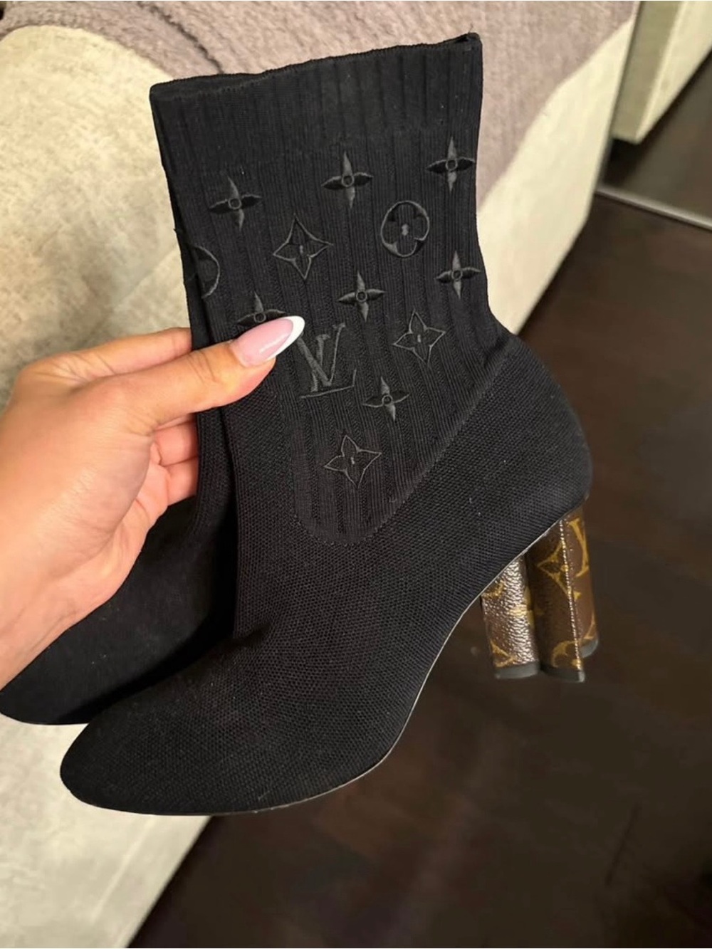 Louis Vuitton Black Knit Sock Boot with Monogram Block Heel - Picture 2 of 2
